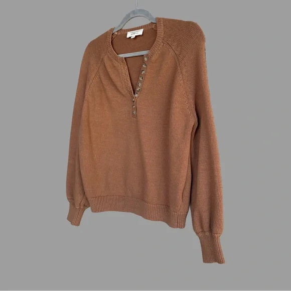 SEZANE Tan Brown Organic Cotton Button Balloon Sleeve Sweater Leontine Jumper - Picture 11 of 13